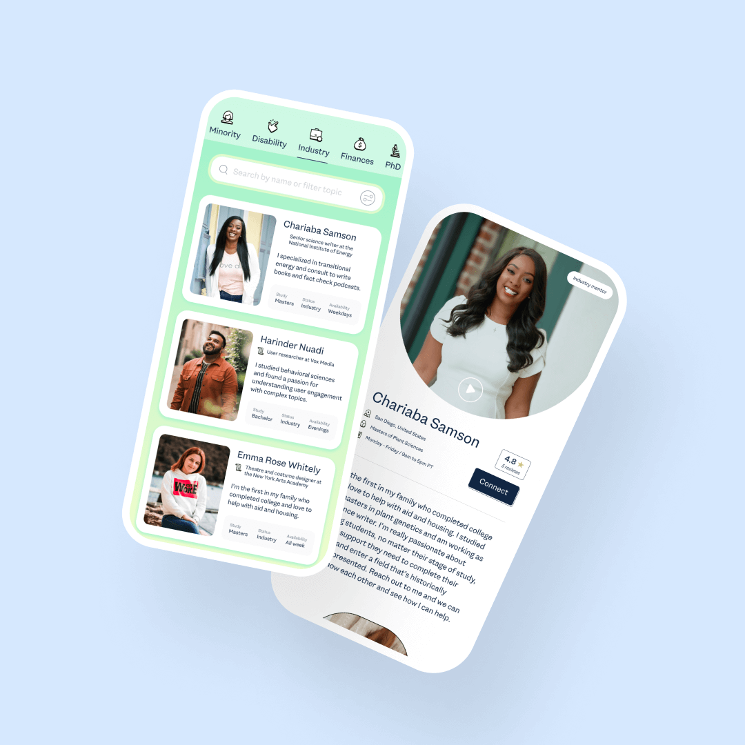 A light blue background shows an image of two phone screens with an updated mentor profile design that's much brighter, includes images, and new features