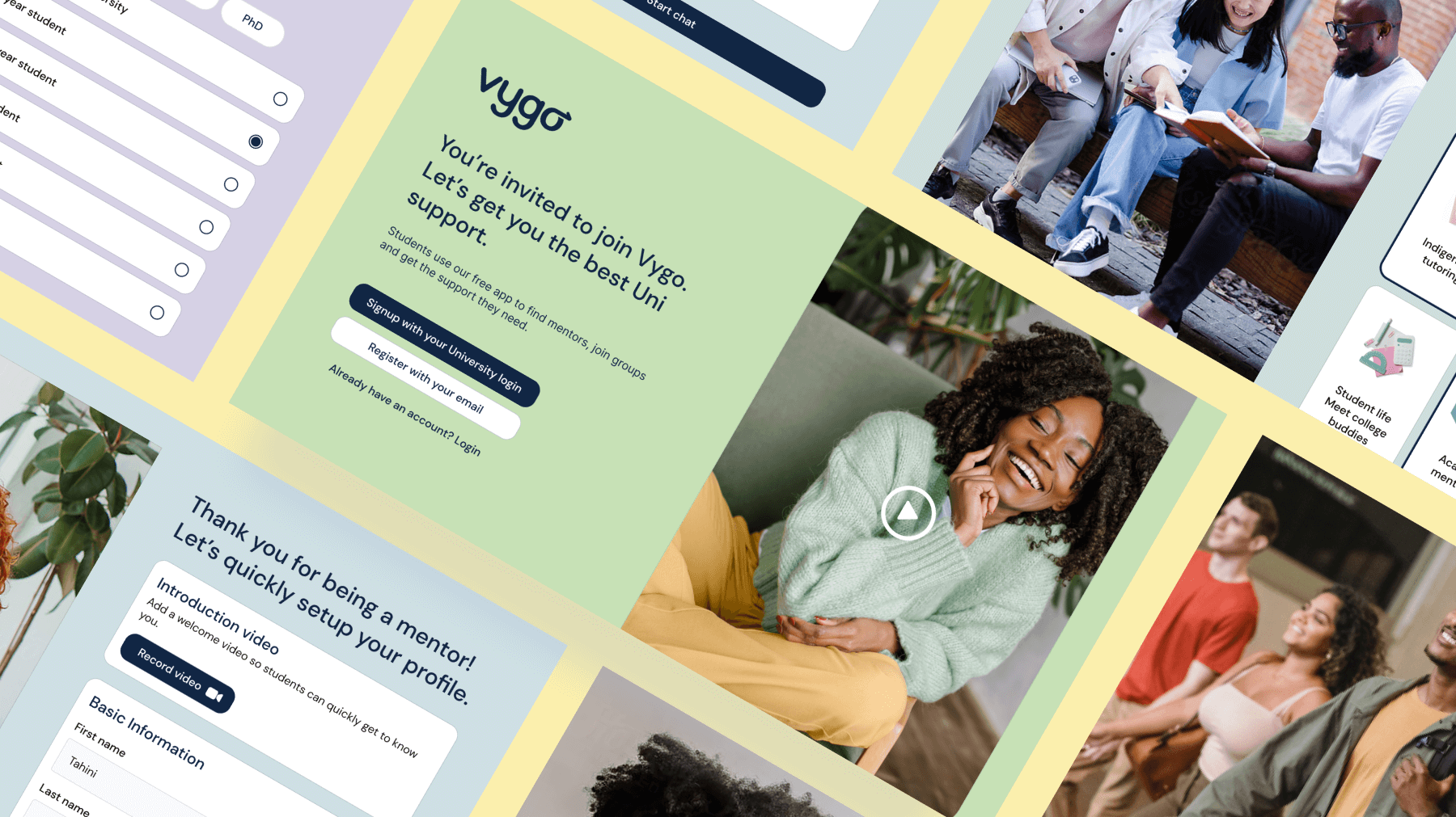 Designs I created from across the desktop application for onboarding with more color and photos