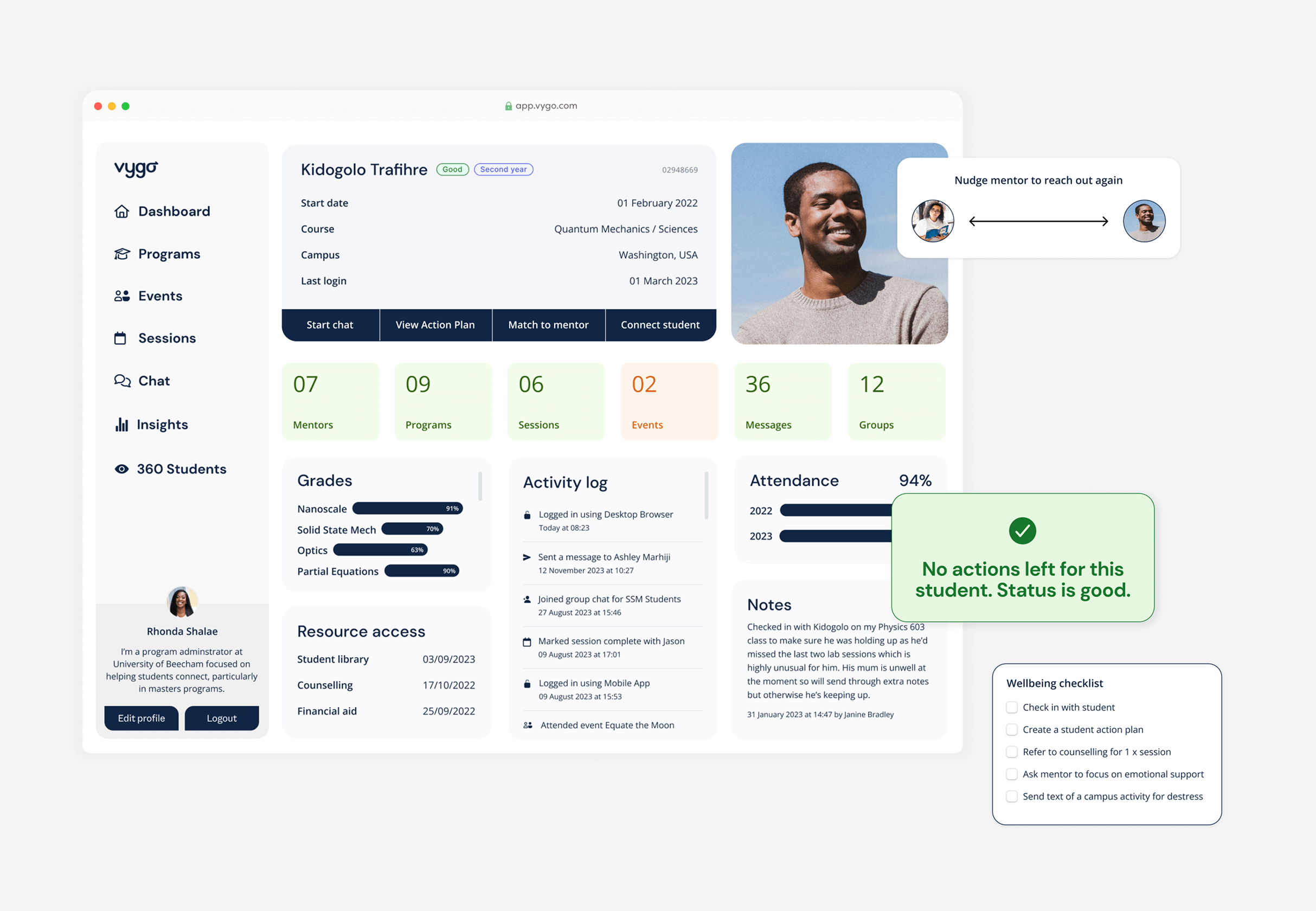 A new 360 students area showing the snapshot into a student including attendance record, grades, professor or mentors notes, activity log, and what actions a program administrator can take