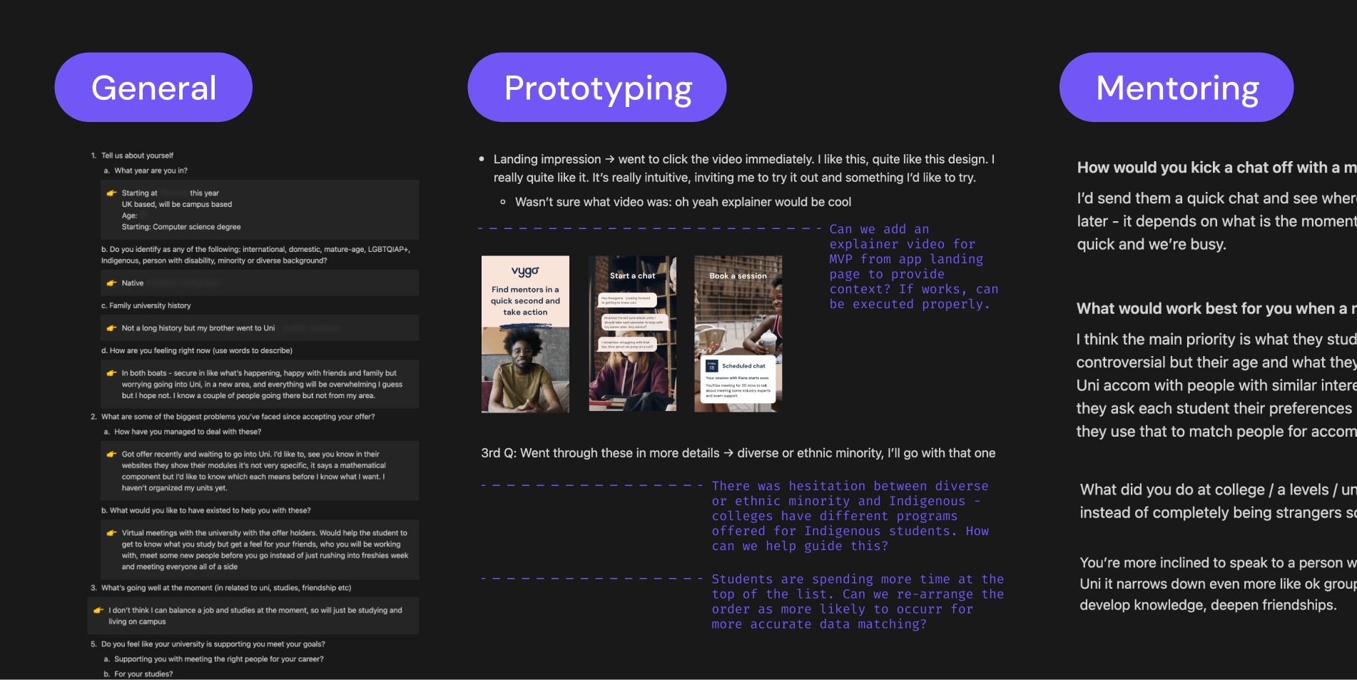 A dark image showing a snippet of one research interview notes, prototype insights from a test session, and their mentoring experience