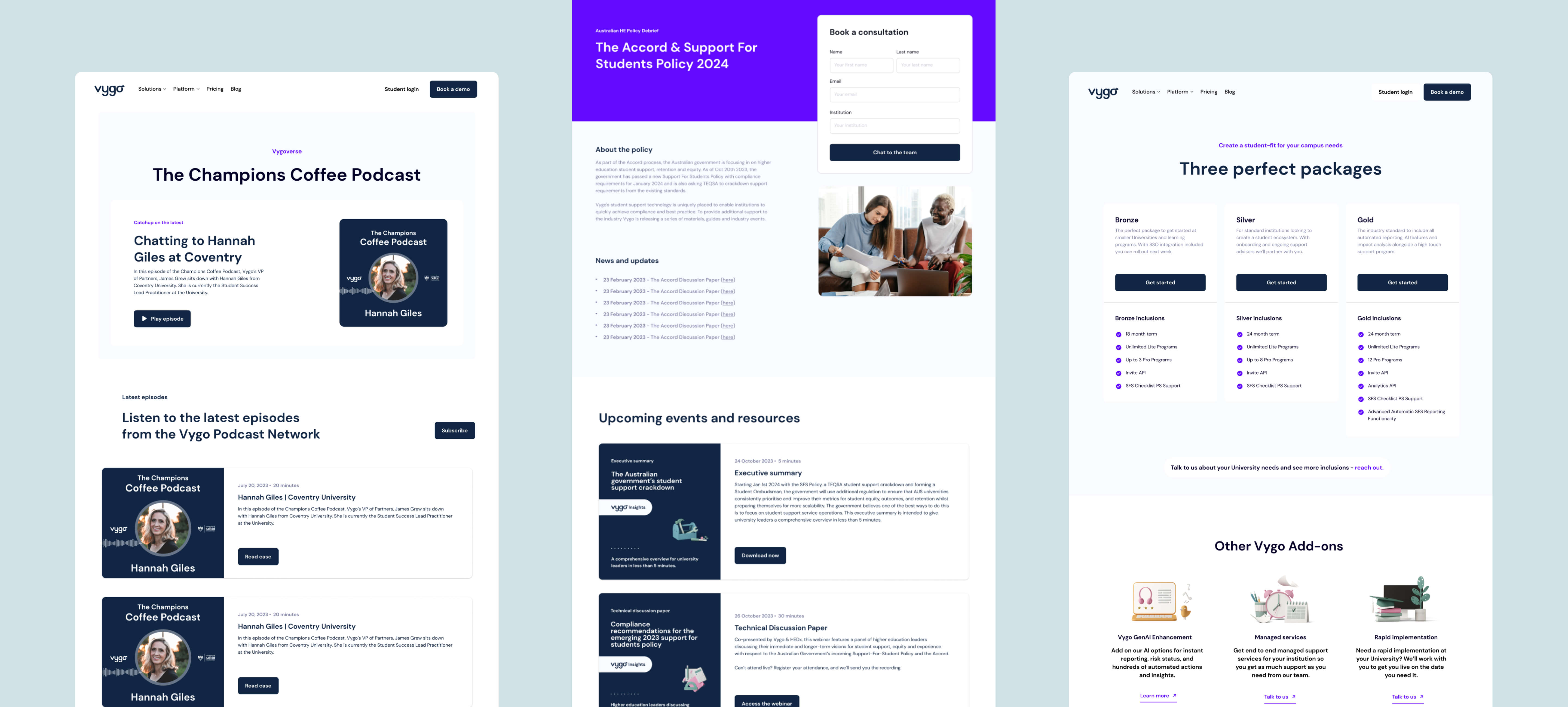 A graphic with a solid light blue background showing three other pages of the website design including the podcasts area, a template for resources in this case a whitepaper, and the pricing page