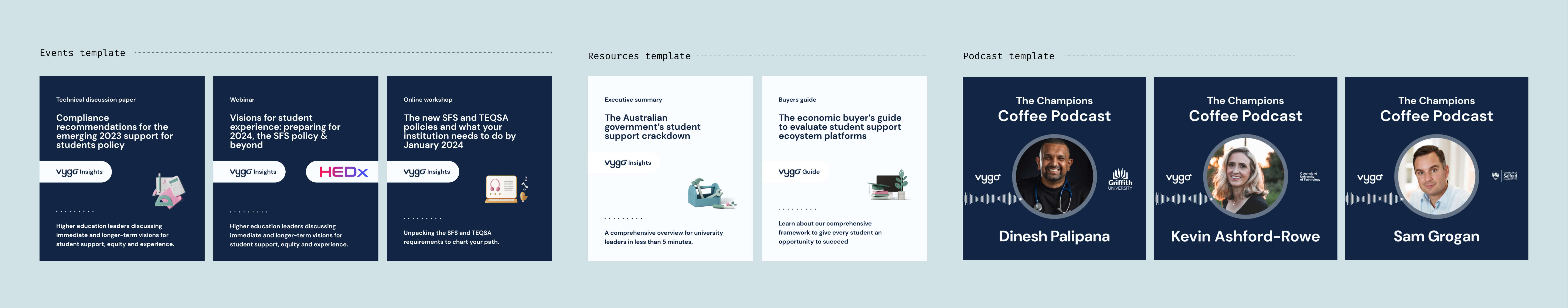 A graphic showing examples of templates created including event promotion images, resource mockups, and podcast show graphics